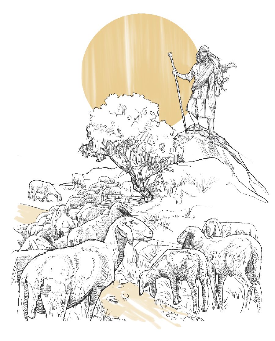 A shepherd standing on a boulder, watching over his flock of sheep.