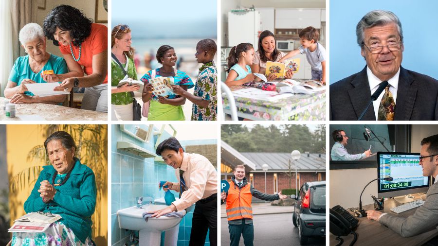 Collage: God’s people today. 1. A sister assisting her elderly mother with her medication. 2. A missionary training a younger publisher in the ministry. They are witnessing at the beach. 3. A single mother conducting a Bible study with her two children. 4. Gerrit Lösch conducting morning worship for the Bethel family. 5. An elderly sister praying. On her lap are a Bible and a list of the names of brothers in prison. 6. A brother cleaning a restroom at a Kingdom Hall. 7. A brother working as a parking attendant at an Assembly Hall. 8. Brothers working at a recording studio in a remote translation office.