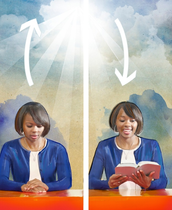 A woman communicates with God through prayer and by reading the Bible