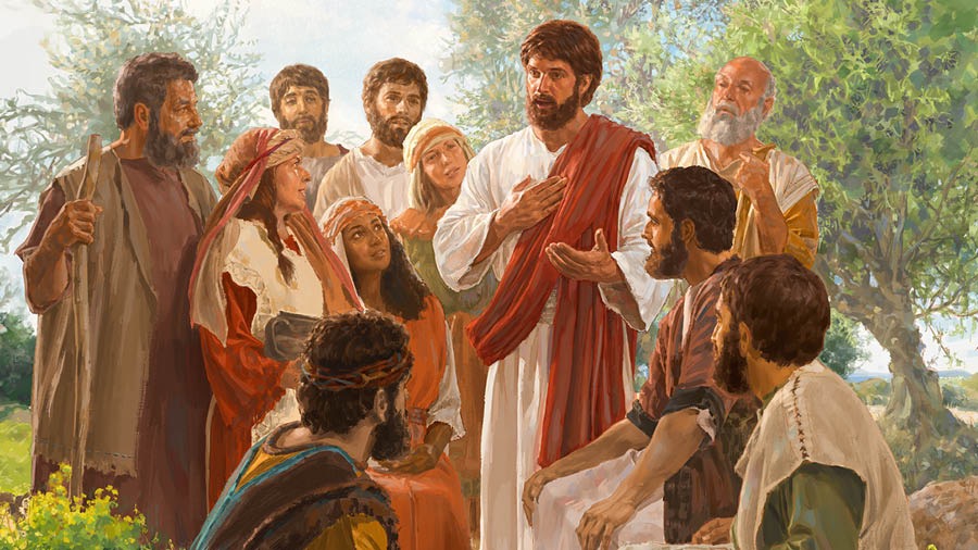 Jesus talks to a group of disciples