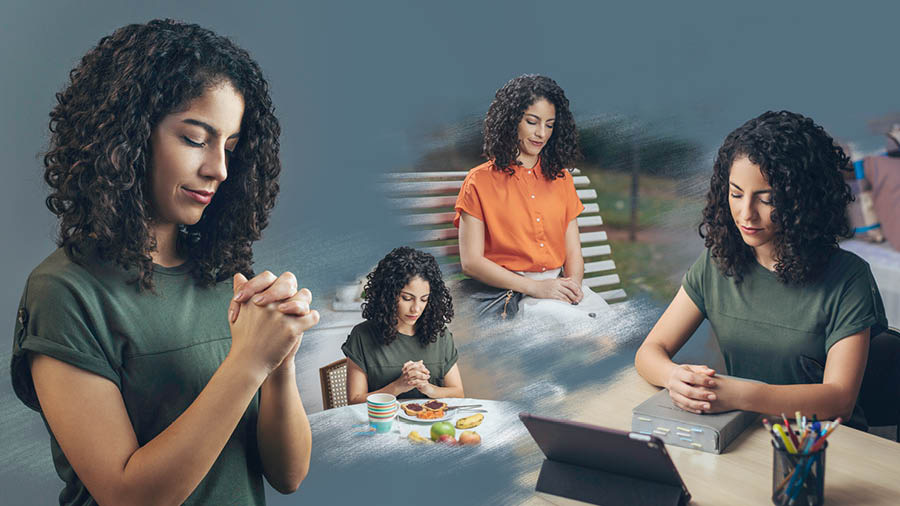 Collage: A sister praying at different times throughout the day. 1. Before she eats a meal. 2. While she sits on a park bench. 3. Before she studies the Bible.