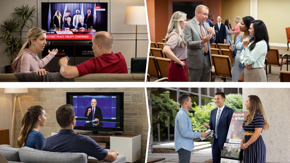 Contrasting scenes showing how two different couples react to current world events. 1. A couple watch a news report on TV about a peace treaty between world leaders. Later, they share their strong opinions with two sisters at a Kingdom Hall. 2. A different couple watch a Governing Body update. Later, they witness to a man who has approached a public witnessing cart.