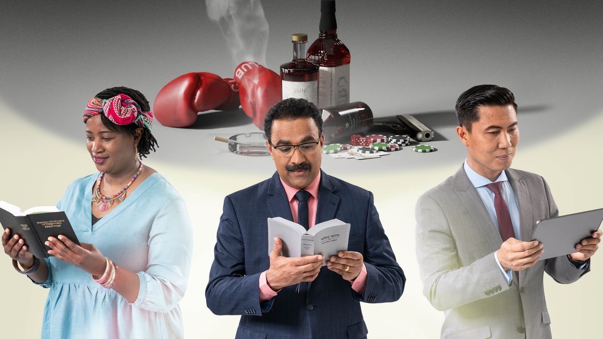 A sister and two brothers reading the Bible. Behind them are some challenges they had to overcome, symbolized by boxing gloves, bottles of alcohol, a cigarette, a gun, playing cards, dice, and gambling chips.