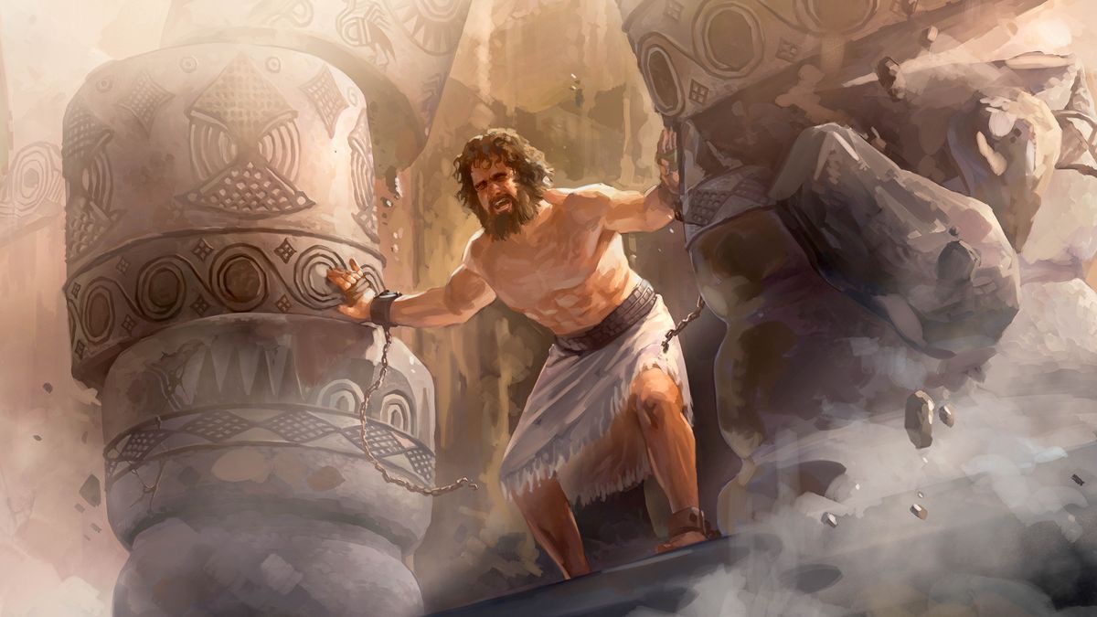 Samson pushing two pillars with all his might as the building collapses.