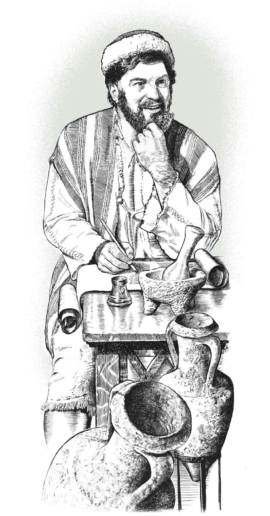 Assis à une table, Luc réfléchit à ce qu’il va écrire sur un rouleau.