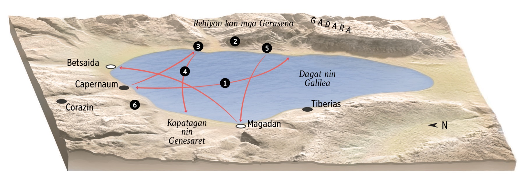 Mapa kan mga lugar na may koneksiyon sa ministeryo ni Jesus sa palibot kan Dagat nin Galilea