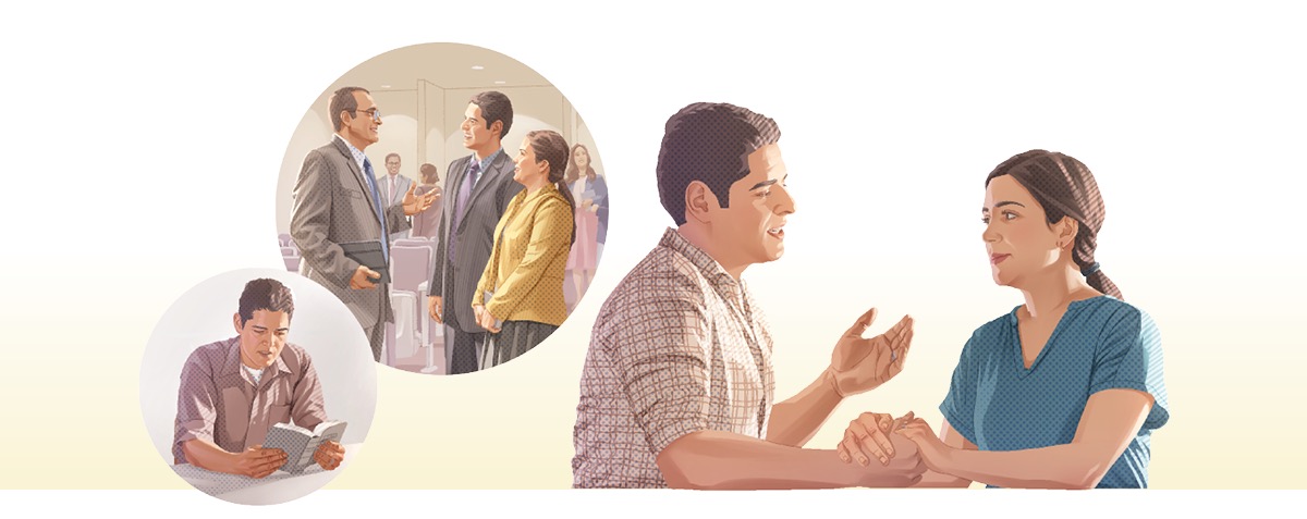 Collage: Actions leading the same husband to speak kindly to his wife. 1. He reads the Bible. 2. He and his wife chat with a friend at the Kingdom Hall.