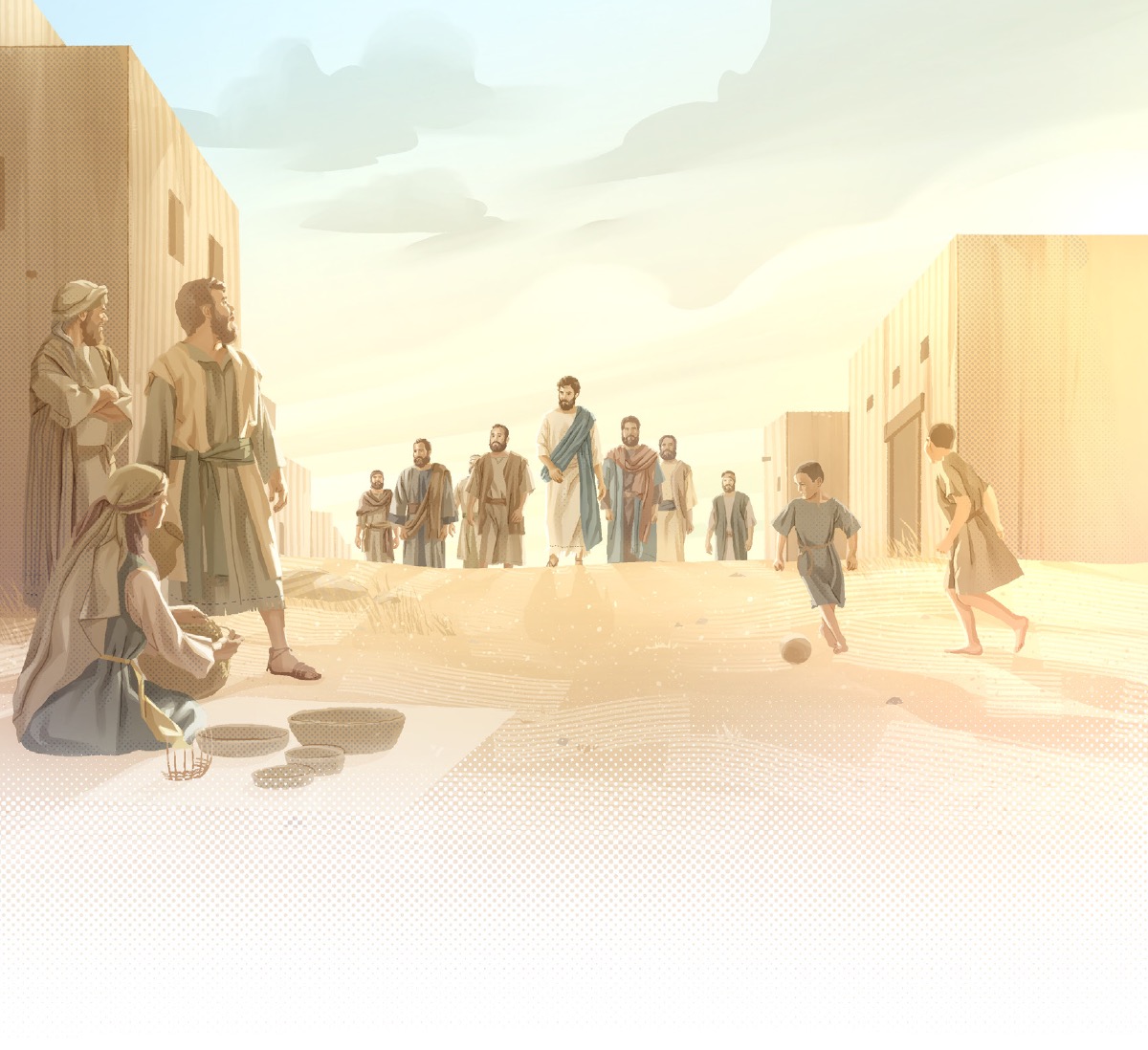 Jesus walking into a village with some of his disciples.