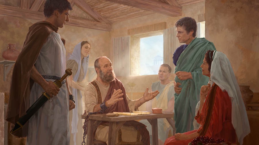 Paul preaches to a guard and visitors while he is under house arrest in Rome