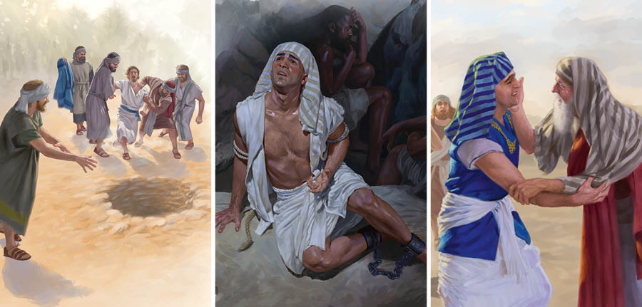 Collage: 1. Joseph’s brothers drag him to an empty waterpit. 2. Joseph looks to heaven from a prison hole. 3. Joseph joyfully reunites with his father, Jacob.