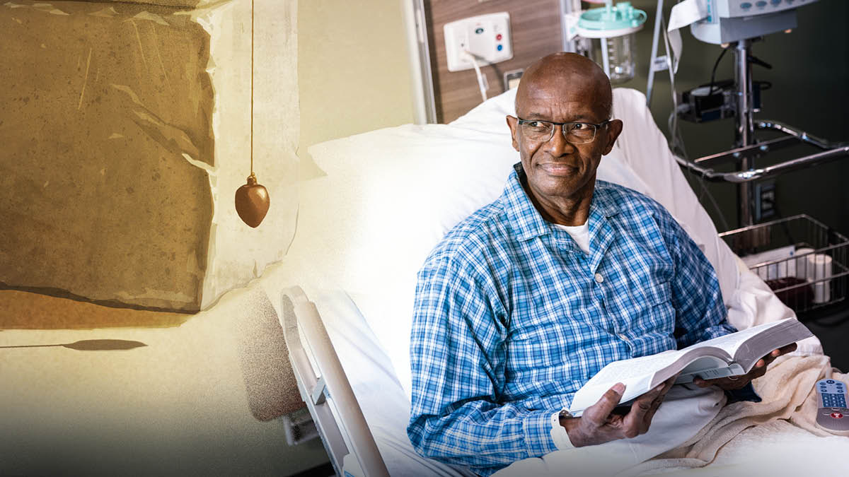 An older brother in a hospital bed, reading the Bible and imagining a plumb line.