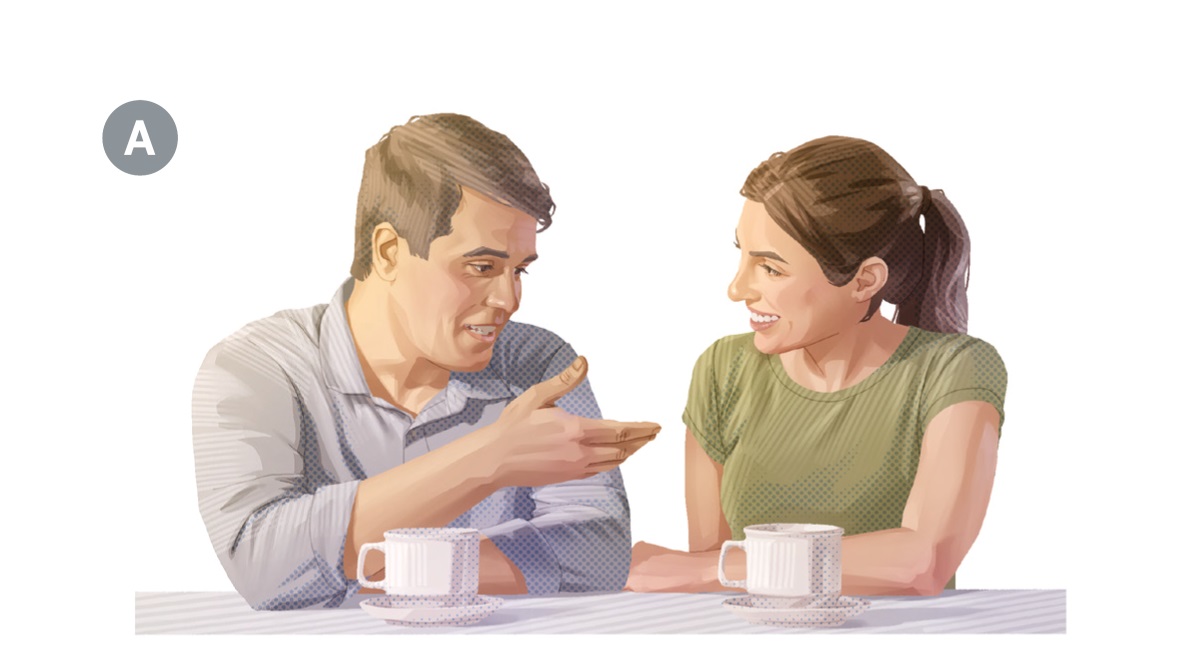 А. Съпруг и съпруга си говорят, докато пият кафе.