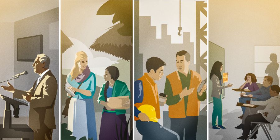 Брат изнася доклад; сестра проповядва; брат свидетелства на работа; момиче говори пред класа си