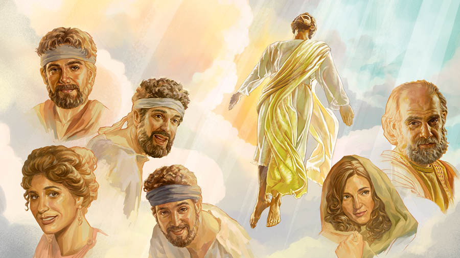 Исус се възнася на небето. Около него са изобразени някои от първите християни.