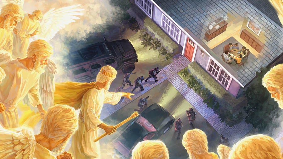 Jesús y los ángeles observan cómo unos policías armados se acercan a la casa de unos Testigos.