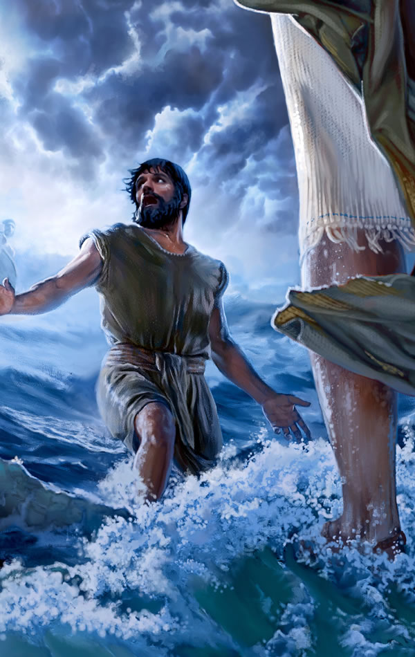 Ao caminhar sobre as águas em direção a Jesus, Pedro se desconcentra por causa do medo e da dúvida, e começa a afundar