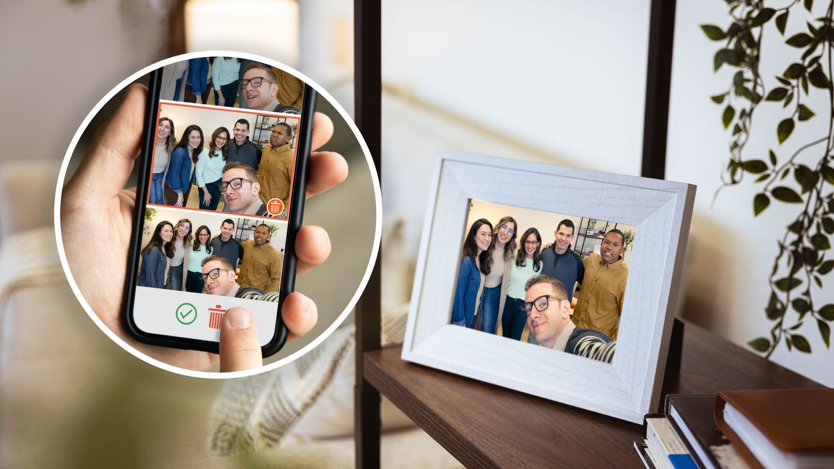Em destaque, aparece um irmão com um celular na mão vendo várias fotos que ele tirou com um grupo de irmãos; ele deleta uma foto. Em um porta-retratos na estante, aparece a melhor foto que ele escolheu com aquele mesmo grupo de irmãos.