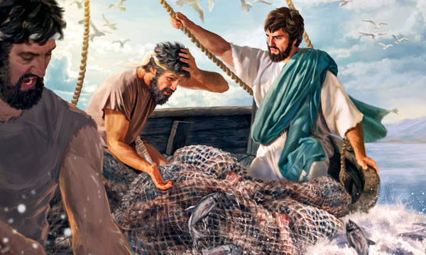 La barca on estan Jesús, Pere i Andreu es comença a enfonsar pel pes de molts peixos