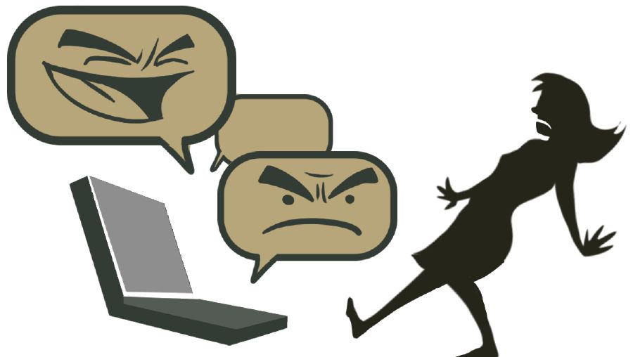 Un joven mujer el ta camina pa-atras del computer screen despues queda victima de cyberbullying