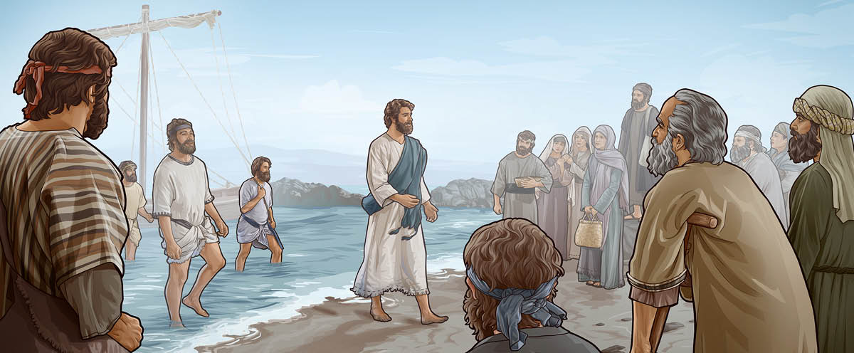 Si Jesus ug ang iyang mga tinun-an naglakaw gikan sa ilang sakayan paingon sa mga tawo nga naghulat nila diha sa baybay.