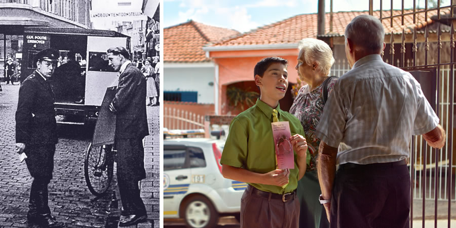 1.1945年，一个王国传道员因传道被捕；2．年轻弟兄在向一个男子传道时，旁边的姊妹小心留意周围的情况