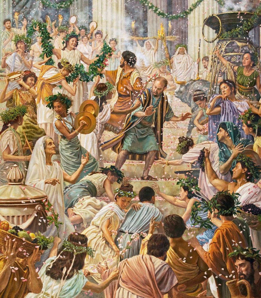 保罗和巴拿巴拒绝路司得居民的崇拜。这群人一边奏乐一边准备献祭，还在保罗和巴拿巴面前下拜。