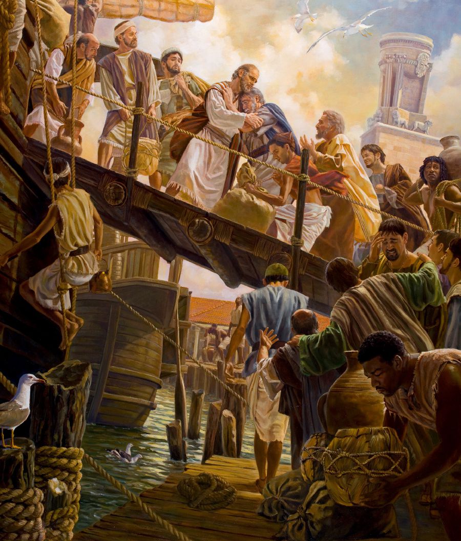 保罗和他的同伴正在登上一艘船，送行的长老们哭着与保罗道别。