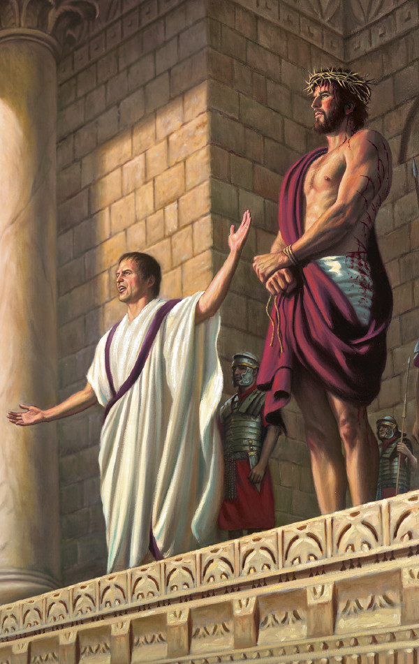彼拉多指著耶穌，耶穌雙手被綁著，身上披著紫色的袍子，頭戴荊棘冠冕。
