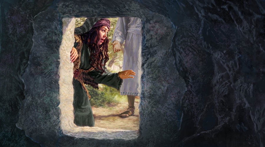 末大拉人马利亚在耶稣墓穴的入口，一个男人站在她身后。