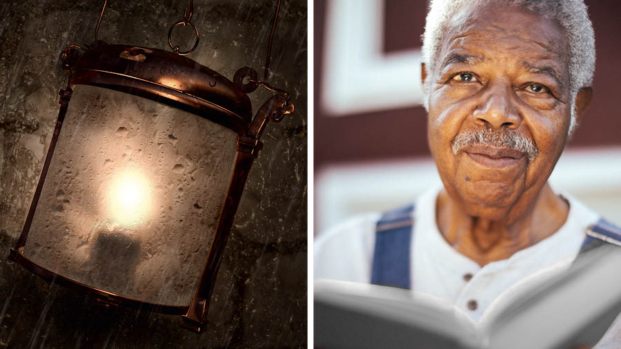 图1：虽然外面有风雨，灯罩里的灯火却不受影响。图2：一个年长的弟兄拿着打开的圣经。