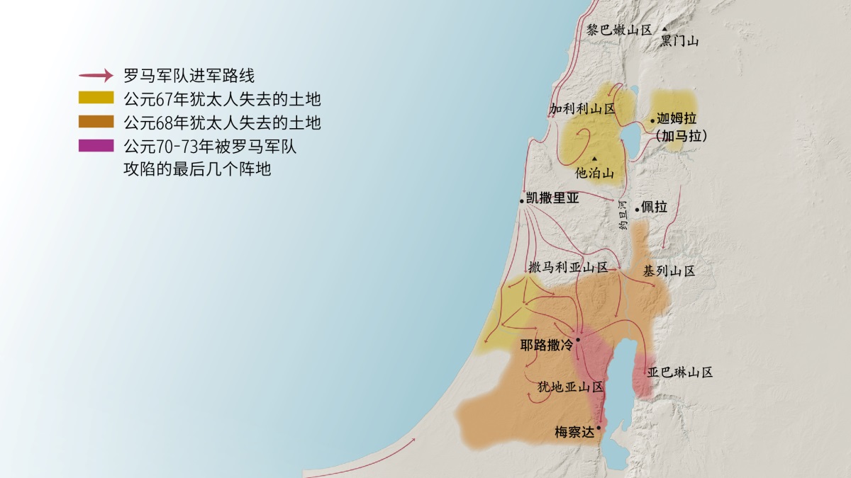 地图显示1世纪以色列的一些山区和城市。耶路撒冷以北有黎巴嫩山区、加利利山区、撒马利亚山区、基列山区、黑门山和他泊山，城市有迦姆拉（加马拉）、凯撒里亚和佩拉。耶路撒冷以南有犹地亚山区和亚巴琳山区，城市有梅察达。地图上也标示了罗马军队的进军路线，以及公元67-73年犹太人陆续失去的土地。
