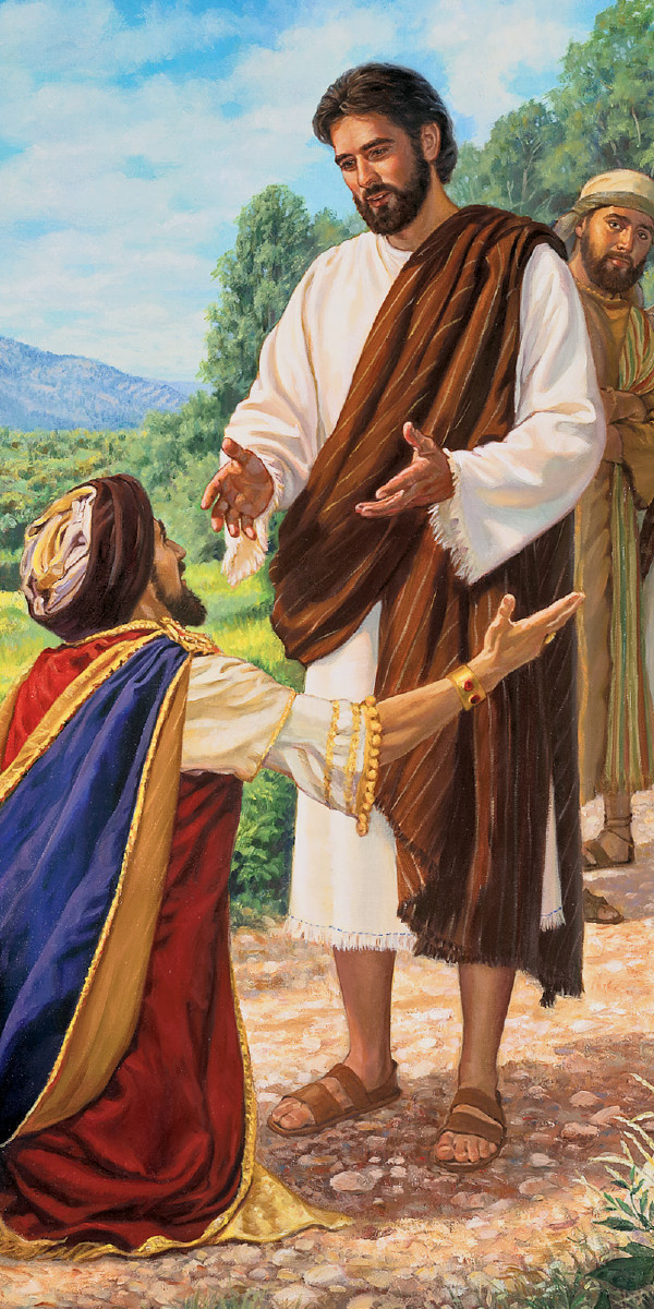 年輕富有的民間首領跪在耶穌腳前向耶穌提問。
