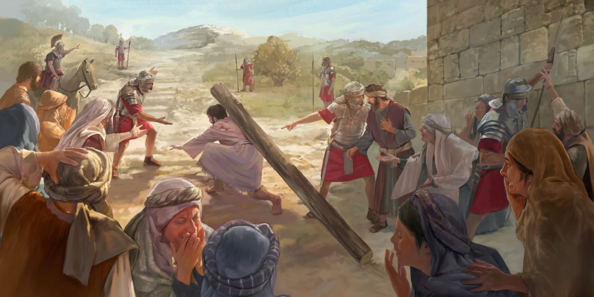 耶穌掙扎著扛起沉重的苦刑柱，一個士兵強迫昔蘭尼人西門替耶穌扛苦刑柱