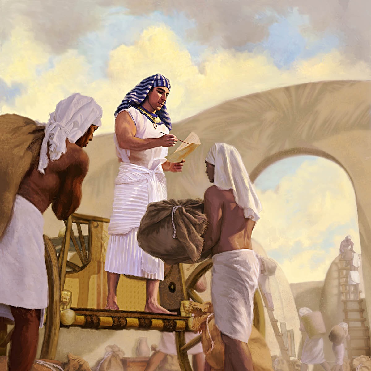 約瑟在埃及管理糧食，人們把穀物帶到他那裡