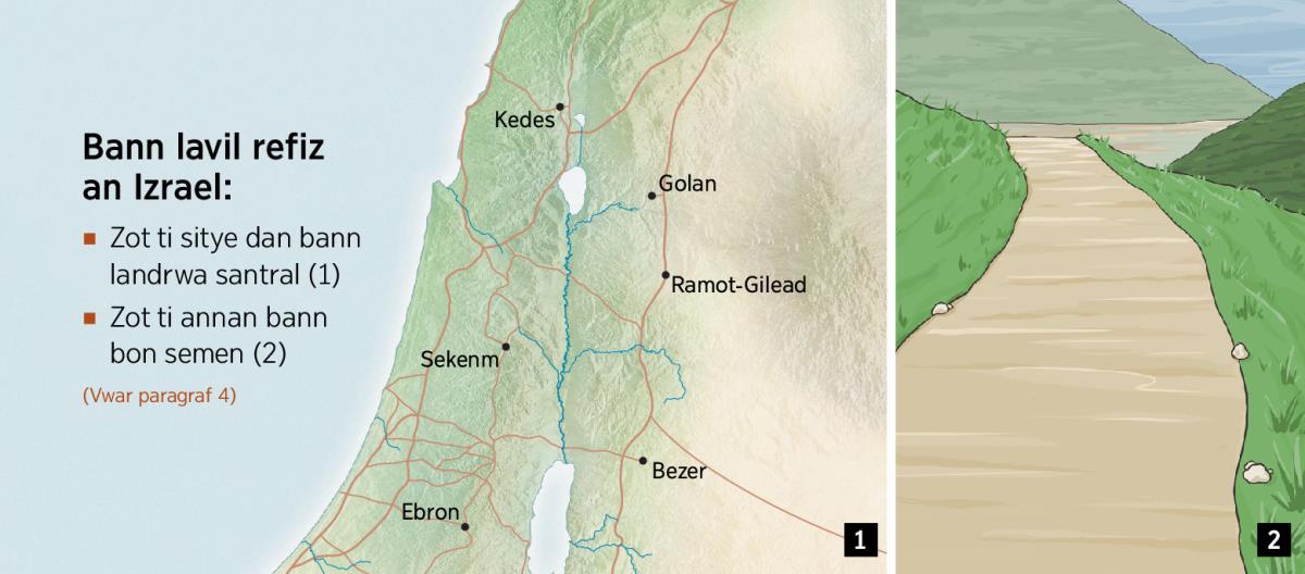 En map ki montre sa sis lavil reviz ki ti annan Izrael e en semen ki’n ganny byen mentenir