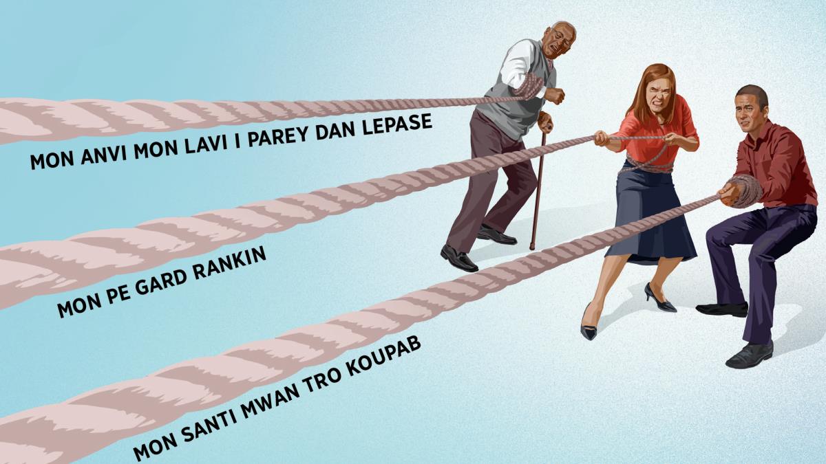 En frer aze, en ser ek en zenn frer pe redi sakenn en lakord. Lo sa bann lakord i ekri ‘mon anvi mon lavi i parey dan lepase,’ ‘mon pe gard rankin’ e ‘mon santi mwan tro koupab.’