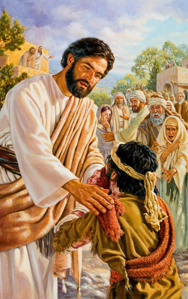 Ježíš projevuje soucit malomocnému tím, že se ho dotýká. Přihlížející jsou vzhledem malomocného znechuceni