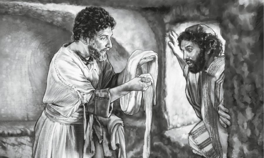 Petr a Jan se dívají na obinadla, kterými bylo ovinuté Ježíšovo tělo