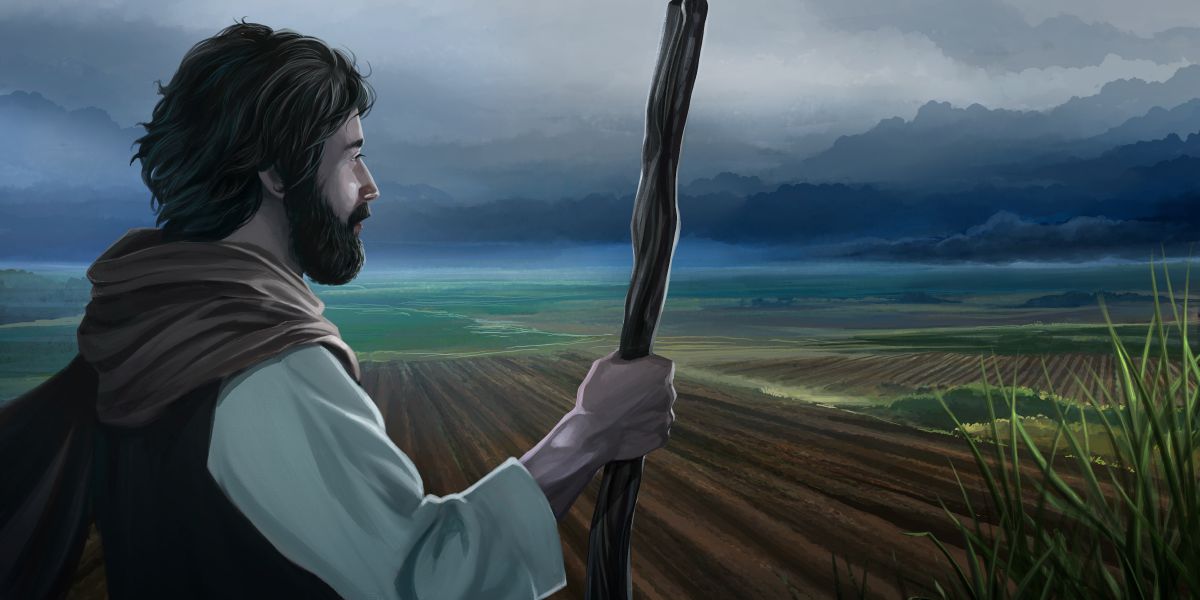Rolník v biblických dobách se dívá na pole