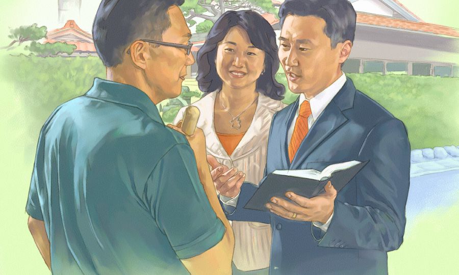 Dos testigos de Jehová predicando a un hombre