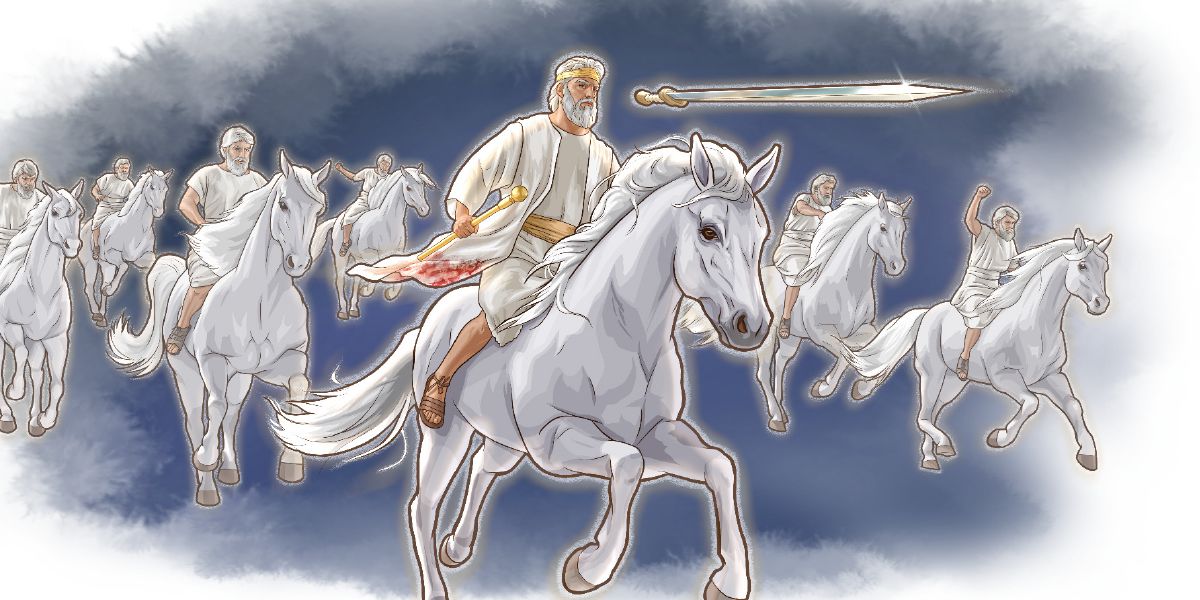 Jesús y su ejército celestial cabalgando sobre caballos blancos. A Jesús le sale una espada larga de la boca