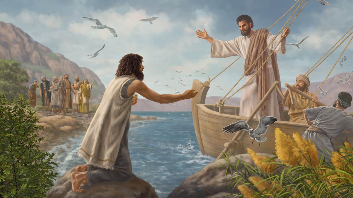 Jesús se marcha de la región de los gerasenos montado en una barca. Mientras se va alejando poco a poco, habla con el hombre que estuvo endemoniado y que sigue en la orilla.