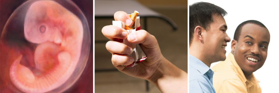 1. Et ufødt barn; 2. En der krøller en pakke cigaretter sammen; 3. To venner med hver deres etniske baggrund