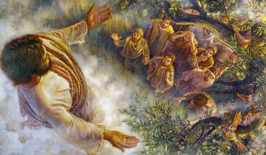 Jesus bliver taget op til himlen mens apostlene ser på ham.