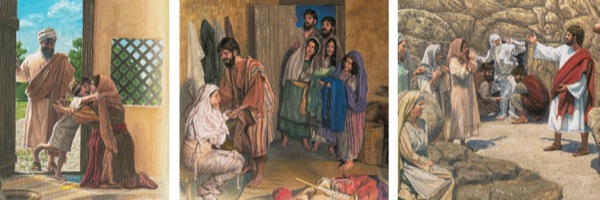 Tre opstandelser der er omtalt i Bibelen: en enkes søn, en kristen kvinde og Jesu ven Lazarus