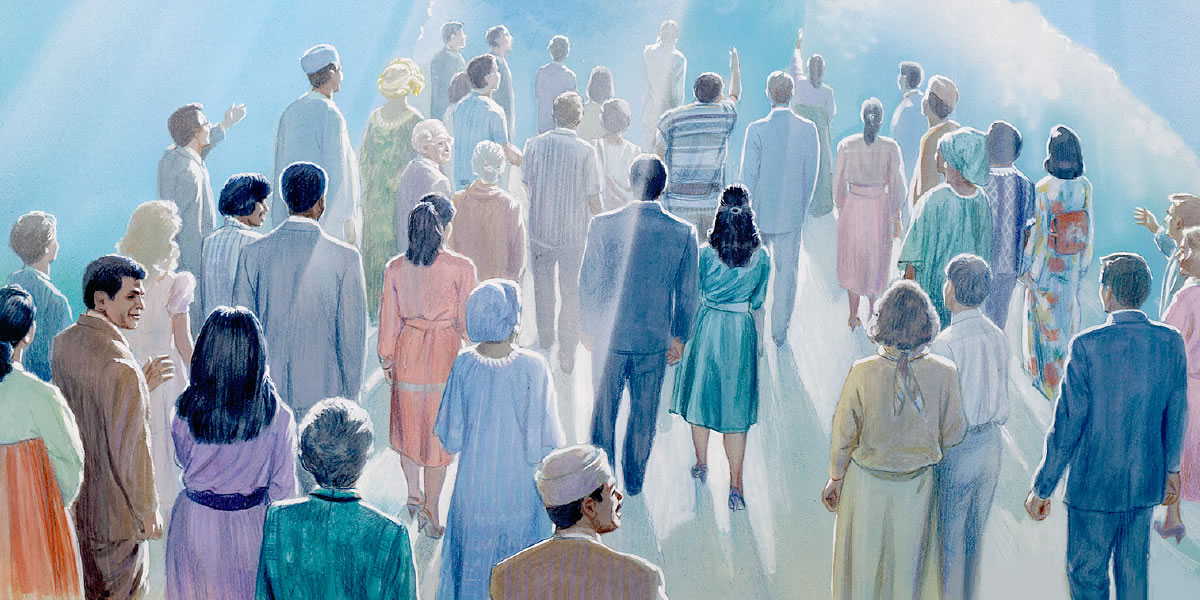 Folk fra alle nationer ser mod himlen mens de venter på Jesus’ dom