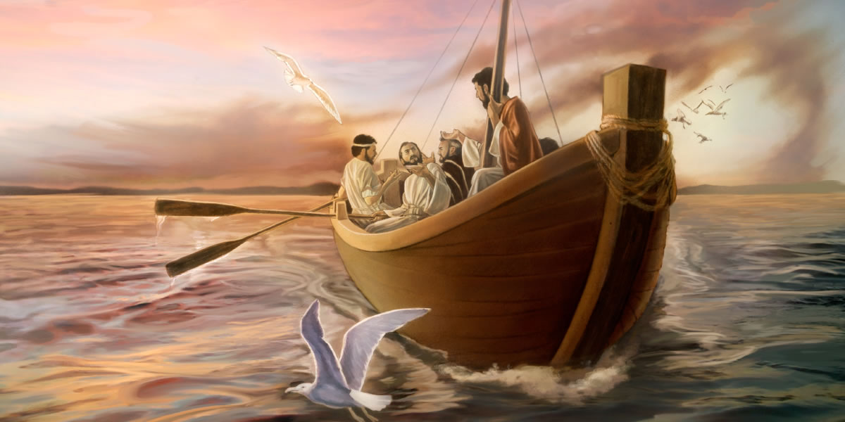 Jesus og nogle disciple i en båd