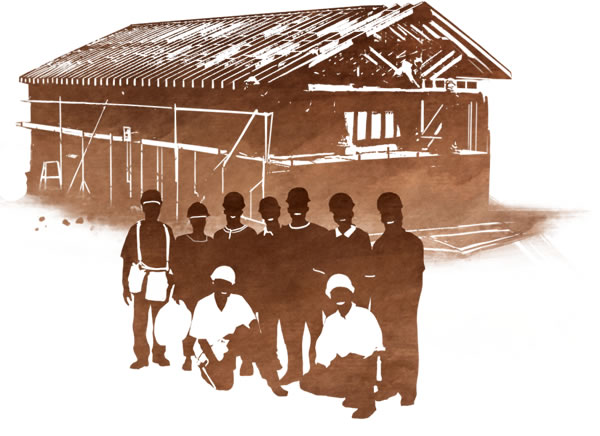 Frivillige foran et rigssalsbyggeri