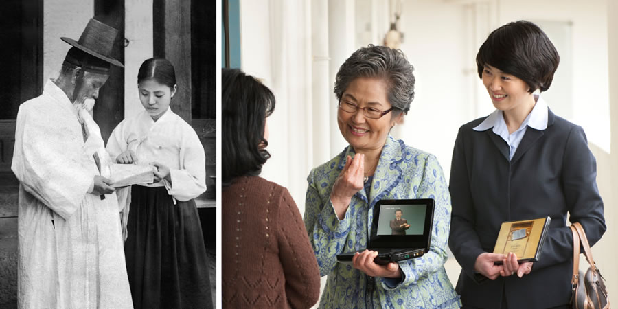 1. En kvindelig kolportør forkynder for en mand i Korea i 1931; 2. To søstre forkynder på tegnsprog i Korea i dag