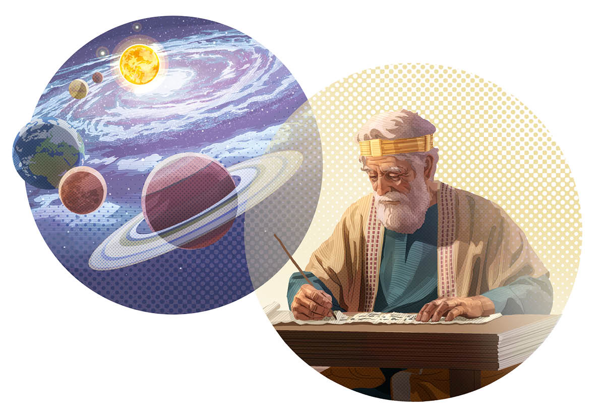 Collage: Noget af det Jehova har udrettet med sin hellige ånd. 1. Planeter og universet. 2. En bibelskribent skriver Guds inspirerede tanker i en skriftrulle.